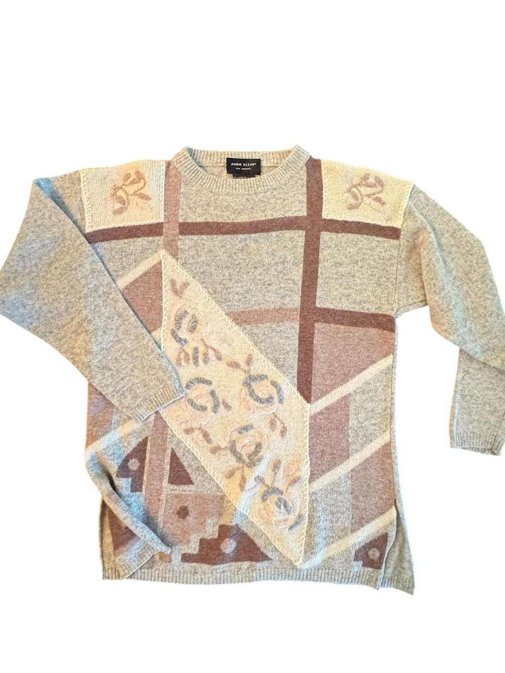 Vintage Anne Klein Lambswool Floral Patchwork Sweater Large Cozy Cottagecore